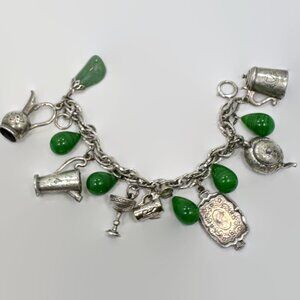 Charm Bracelet, Goblet, Stein, Pitcher, Drinking Theme, Silver Tone, Unique, 50s